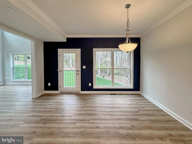9871 La Plata Pkwy, La Plata, MD 20646 - unfurnished dining area featuring wood finished floors, ornamental molding, and a healthy amount of sunlight