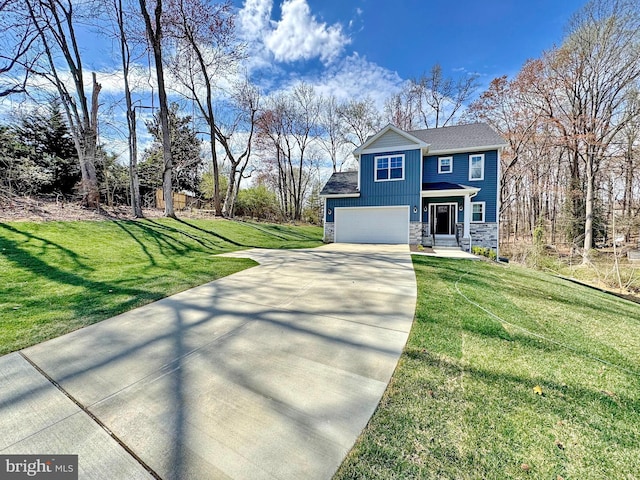 9871 La Plata Pkwy, La Plata, MD 20646 - view of front of property with driveway, stone siding, an attached garage, board and batten siding, and a front lawn