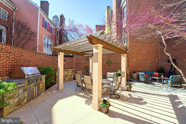 view of patio featuring a pergola, an outdoor living space, area for grilling, and outdoor dining space