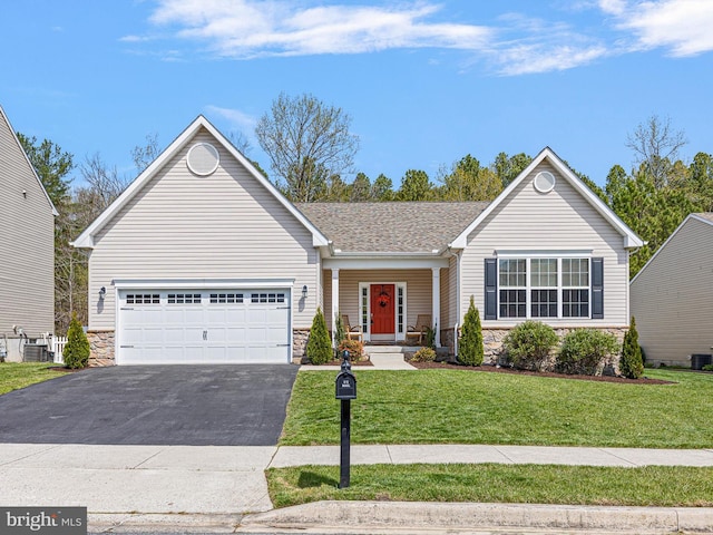 single story home with a front lawn, aphalt driveway, stone siding, a shingled roof, and an attached garage