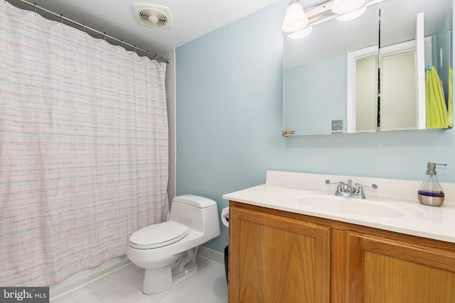 full bathroom with tile patterned floors, visible vents, toilet, and vanity