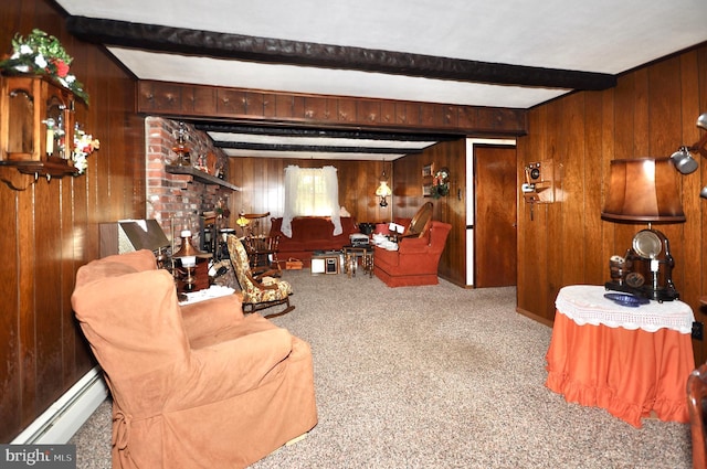 carpeted living room featuring wooden walls, beamed ceiling, and a baseboard radiator