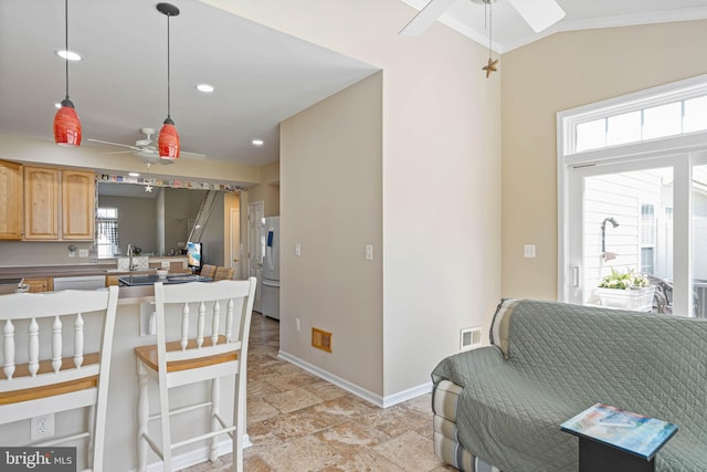 37959 Bayview Cir E, Selbyville, DE 19975 - interior space with baseboards, visible vents, freestanding refrigerator, and a ceiling fan
