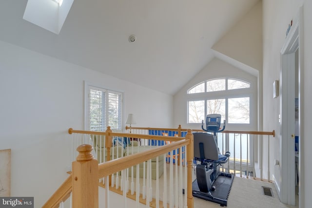 119 Bald Eagle Dr, Montross, VA 22520 - interior space with visible vents, lofted ceiling with skylight, and an upstairs landing