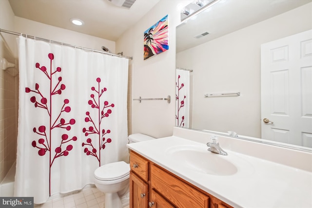 bathroom with shower / bath combo, toilet, visible vents, recessed lighting, and vanity
