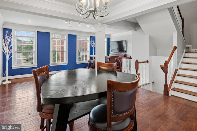 15343 Tewkesbury Pl, Upper Marlboro, MD 20774 - dining area with a chandelier, hardwood / wood-style floors, ornate columns, crown molding, and baseboards