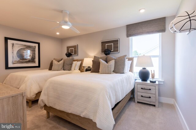 35247 Duck Haven Rd, Selbyville, DE 19975 - bedroom featuring a wall mounted AC, baseboards, recessed lighting, ceiling fan, and light colored carpet