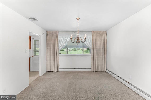 3205 Sharon Ln, Norristown, PA 19403 - unfurnished dining area featuring visible vents, carpet floors, a baseboard heating unit, and an inviting chandelier