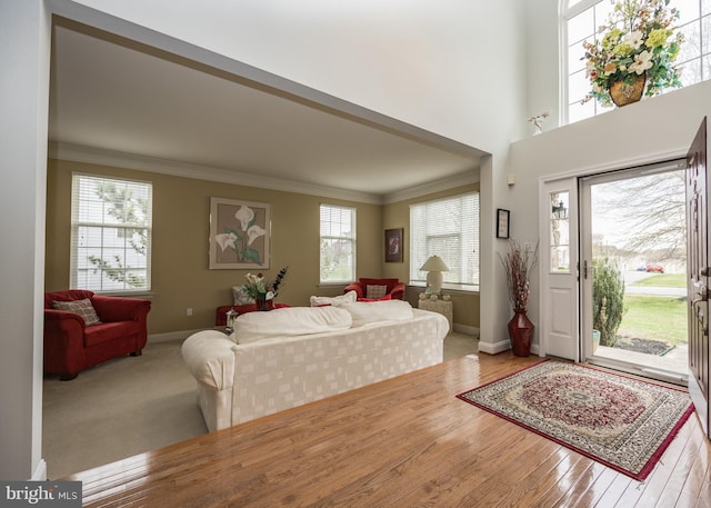 entryway with crown molding, baseboards, and wood finished floors