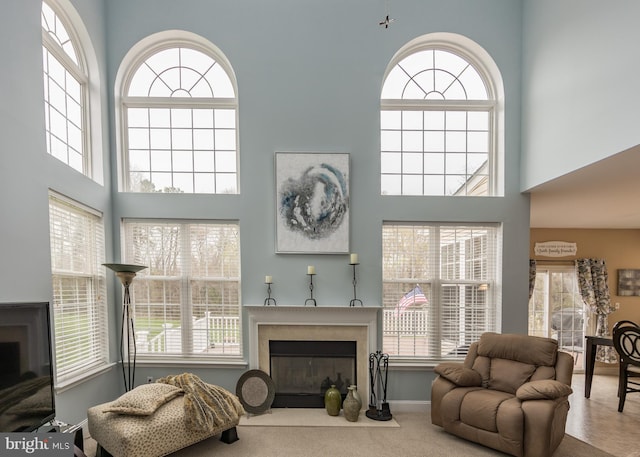 living area featuring a healthy amount of sunlight, a high end fireplace, and a towering ceiling