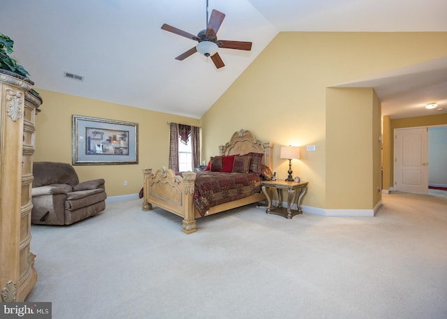bedroom with ceiling fan, high vaulted ceiling, carpet, visible vents, and baseboards