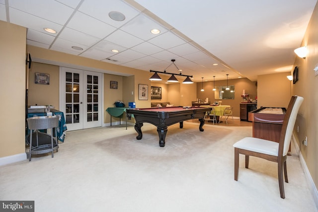 game room with baseboards, carpet, french doors, a drop ceiling, and pool table