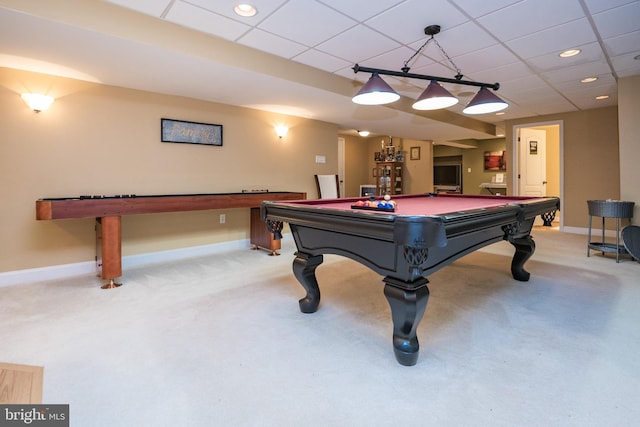 playroom with carpet floors, billiards, a drop ceiling, and baseboards