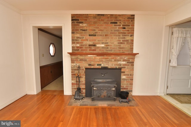 room details featuring wood finished floors, a fireplace, ornamental molding, and a wainscoted wall