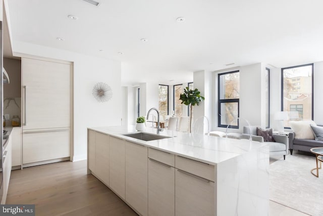 kitchen featuring open floor plan, a sink, modern cabinets, light wood finished floors, and a center island with sink