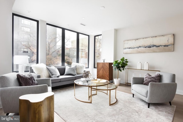 living area featuring wood finished floors and a wall of windows