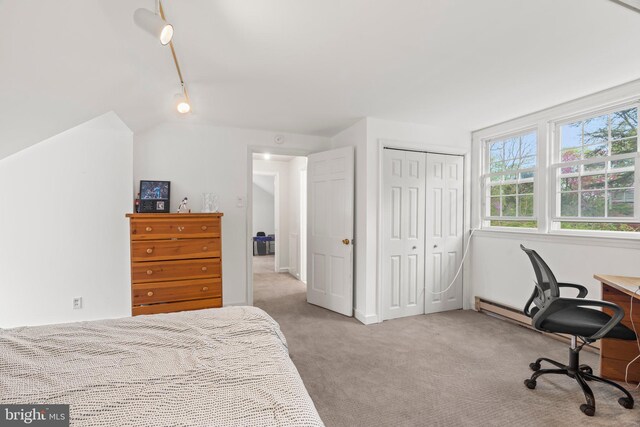carpeted bedroom featuring track lighting and a closet