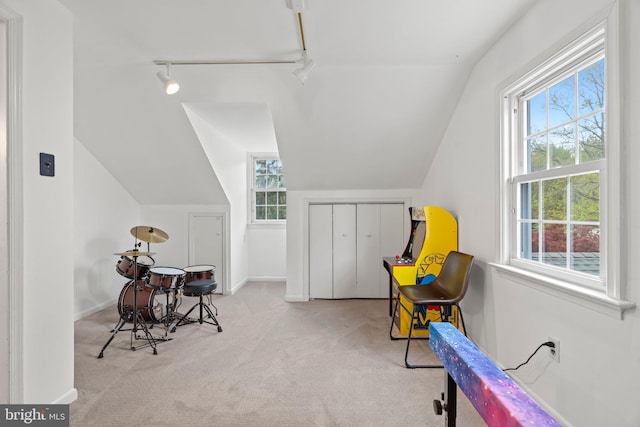 living area featuring track lighting, a wealth of natural light, vaulted ceiling, and carpet floors