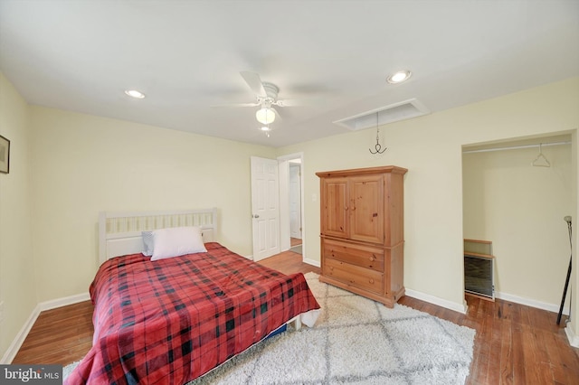 415 Schwartz Ave, Baltimore, MD 21212 - bedroom featuring wood finished floors, baseboards, attic access, recessed lighting, and ceiling fan