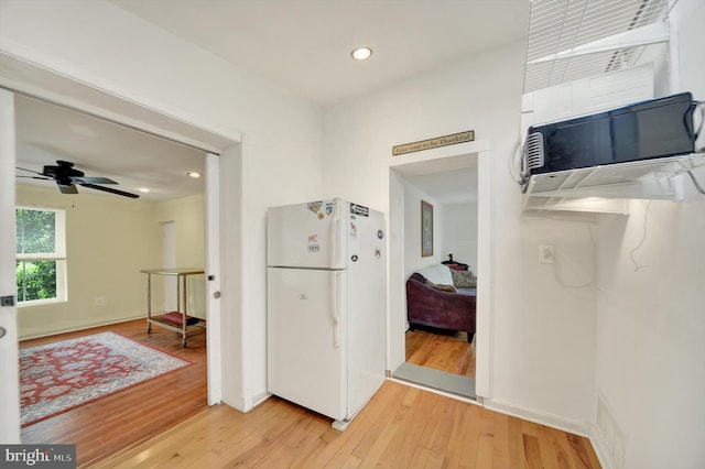 415 Schwartz Ave, Baltimore, MD 21212 - kitchen with freestanding refrigerator, light wood-style floors, recessed lighting, ceiling fan, and baseboards