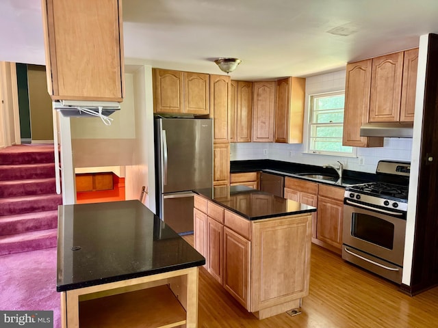 kitchen with appliances with stainless steel finishes, under cabinet range hood, a center island, light wood finished floors, and decorative backsplash