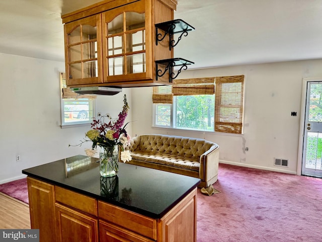 kitchen with dark countertops, baseboards, glass insert cabinets, brown cabinets, and carpet