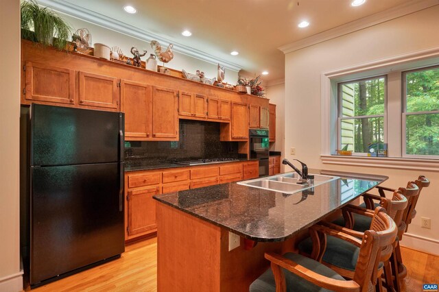 481 Stoney Creek E, Nellysford, VA 22958 - kitchen with crown molding, a sink, brown cabinets, light wood-type flooring, and black appliances