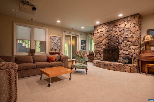 481 Stoney Creek E, Nellysford, VA 22958 - living area featuring a stone fireplace, visible vents, recessed lighting, and carpet flooring