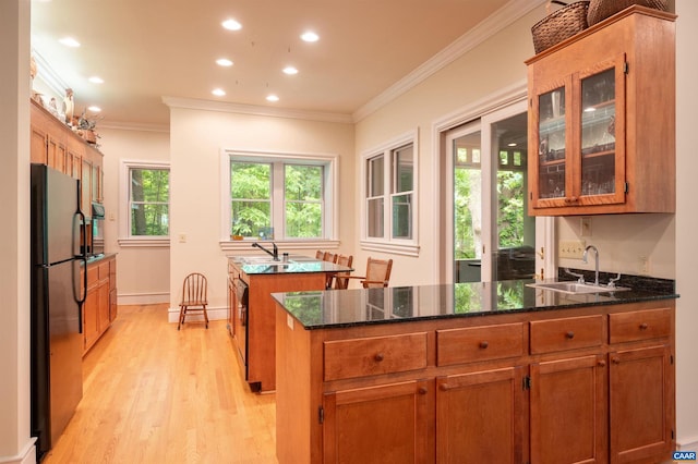 481 Stoney Creek E, Nellysford, VA 22958 - kitchen featuring crown molding, a sink, a peninsula, and freestanding refrigerator