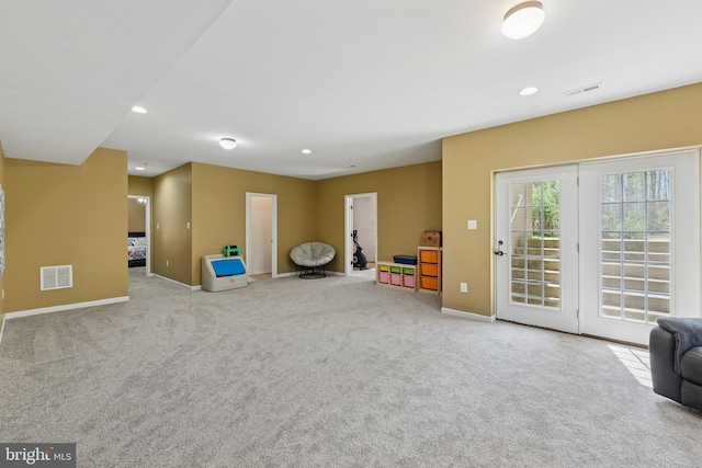 game room featuring visible vents, baseboards, and carpet floors