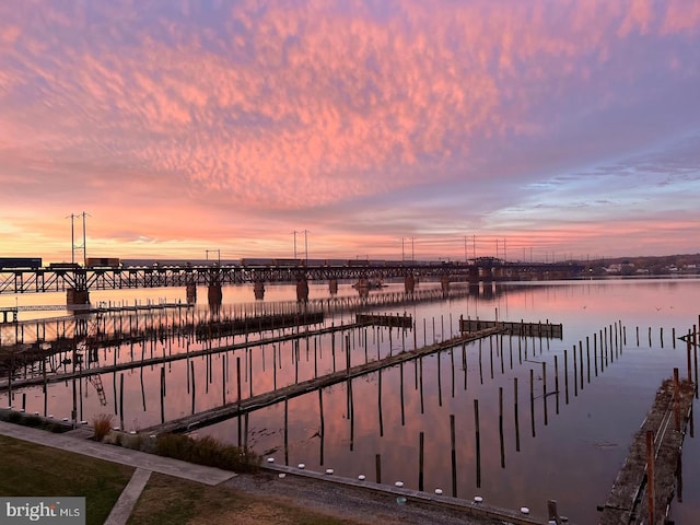 view of water feature with a pier