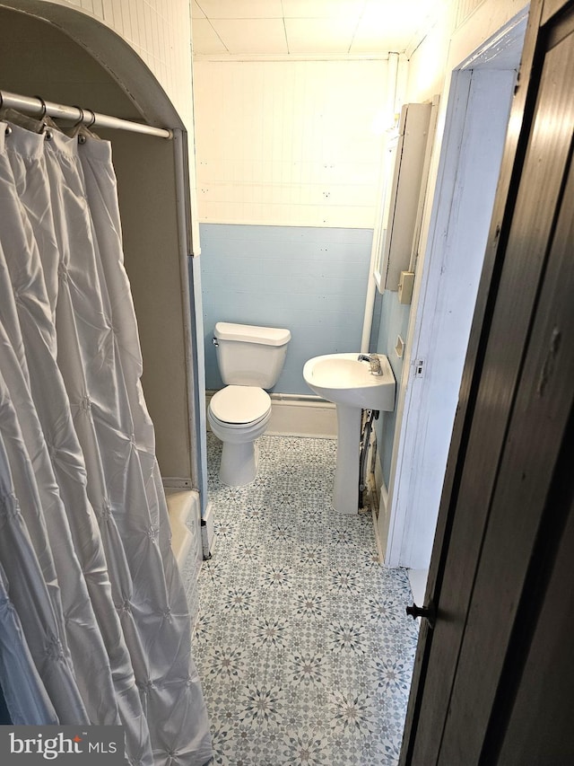 full bathroom featuring toilet, a sink, and wood walls