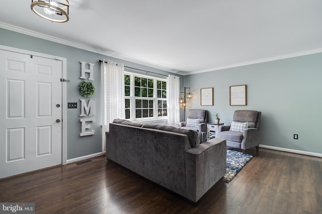 living area with dark wood-type flooring, ornamental molding, baseboards, and visible vents