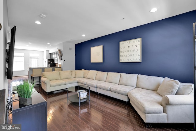 living area featuring wood finished floors and recessed lighting
