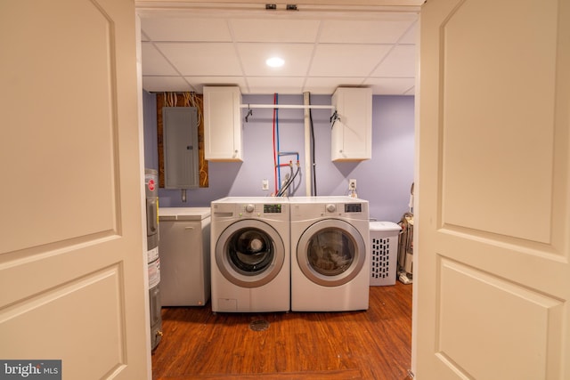 3305 Baker Ct, Altoona, PA 16602 - laundry room featuring cabinet space, independent washer and dryer, electric panel, and dark wood finished floors