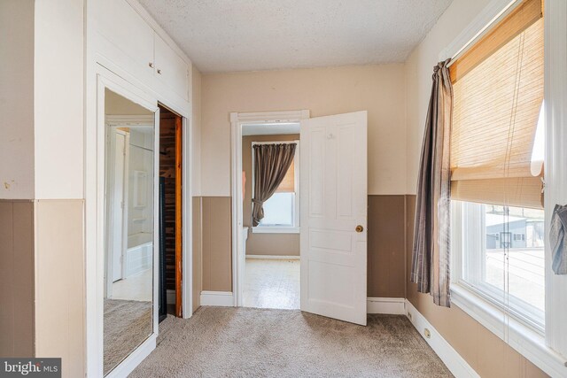 interior space featuring carpet, plenty of natural light, and a textured ceiling