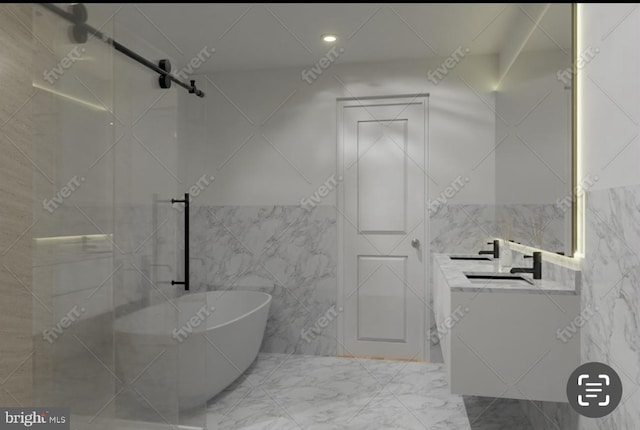 bathroom featuring a soaking tub, vanity, tile walls, marble finish flooring, and a shower