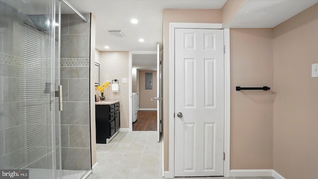 5427 Gradin Ave, Gwynn Oak, MD 21207 - bathroom with a stall shower, vanity, visible vents, and recessed lighting