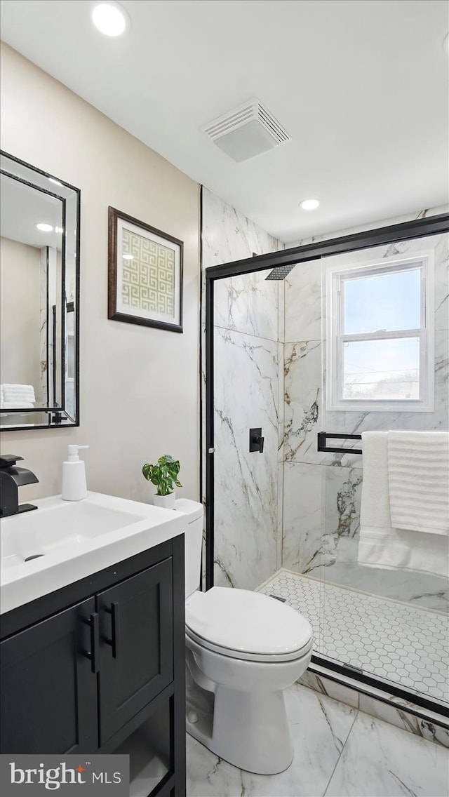 5427 Gradin Ave, Gwynn Oak, MD 21207 - full bathroom with a marble finish shower, visible vents, marble finish floor, and vanity