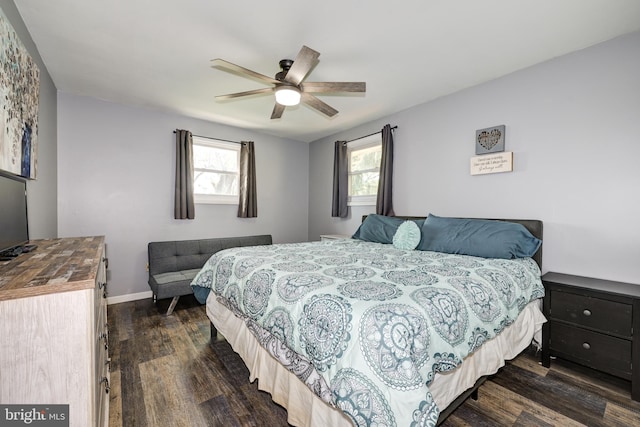 bedroom with multiple windows, ceiling fan, and dark wood-type flooring