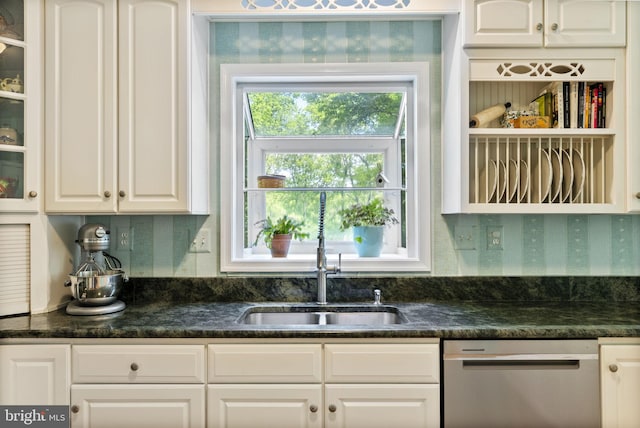 117 Graystone Farm Rd, White Hall, MD 21161 - kitchen with dishwasher, a sink, dark countertops, white cabinetry, and wallpapered walls