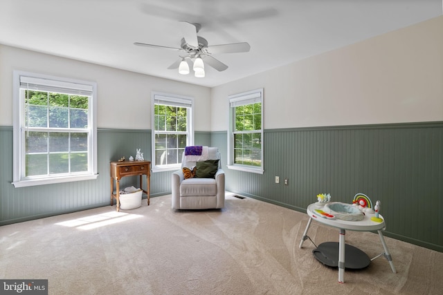 117 Graystone Farm Rd, White Hall, MD 21161 - sitting room featuring wainscoting, carpet floors, and a ceiling fan