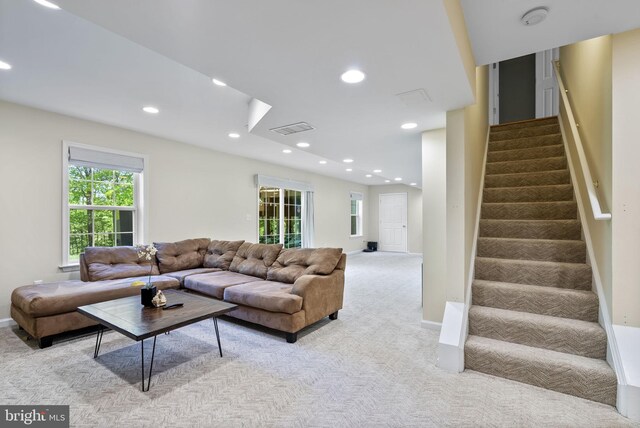 117 Graystone Farm Rd, White Hall, MD 21161 - living room featuring light colored carpet, stairs, recessed lighting, and baseboards