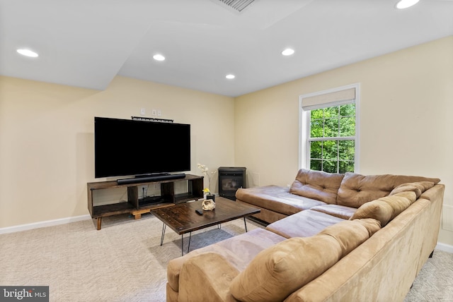 117 Graystone Farm Rd, White Hall, MD 21161 - living room with light carpet, baseboards, recessed lighting, and a wood stove