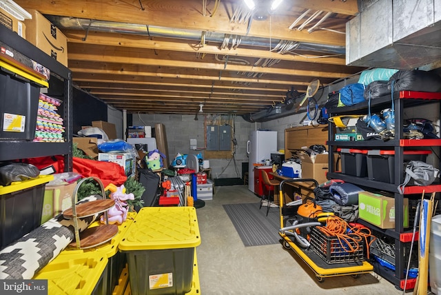 117 Graystone Farm Rd, White Hall, MD 21161 - unfinished basement with electric panel, freestanding refrigerator, and concrete block wall