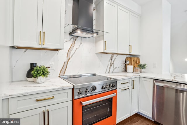 322 56th St NE, Washington, DC 20019 - kitchen featuring wall chimney range hood, light stone counters, dishwasher, backsplash, and range with electric cooktop