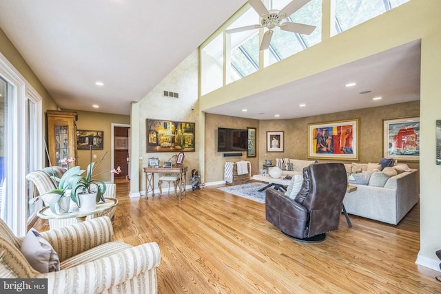 745 Germantown Pike, Lafayette Hill, PA 19444 - living area with wood finished floors, baseboards, a towering ceiling, recessed lighting, and a ceiling fan