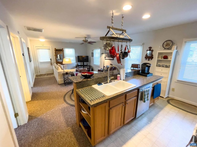 518 Meade Ave, Charlottesville, VA 22902 - kitchen with visible vents, dishwasher, a sink, an island with sink, and a healthy amount of sunlight