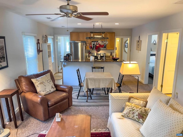 518 Meade Ave, Charlottesville, VA 22902 - living area featuring baseboards, ceiling fan, recessed lighting, and light carpet