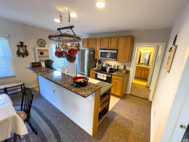518 Meade Ave, Charlottesville, VA 22902 - kitchen featuring recessed lighting, stainless steel appliances, open shelves, and light carpet